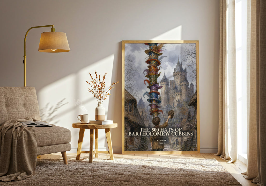 The 500 Hats Of Bartholomew Cubbins watercolour print in frame leaning in hallway – childrens wall art (mockup)