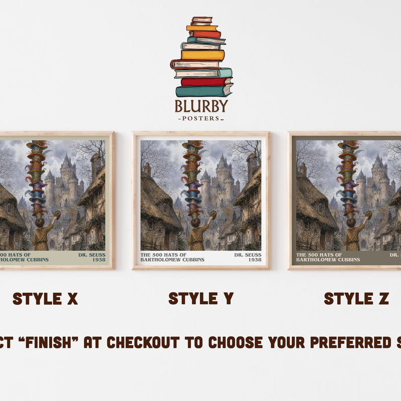 The 500 Hats Of Bartholomew Cubbins literary print in frame leaning in hallway – childrens wall art