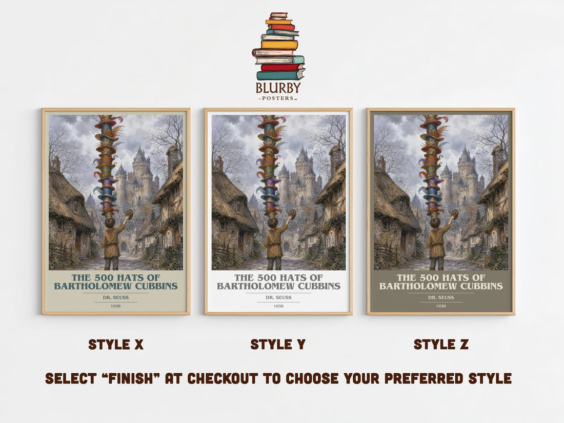 The 500 Hats Of Bartholomew Cubbins book cover print in frame leaning in hallway – childrens wall art (mockup)