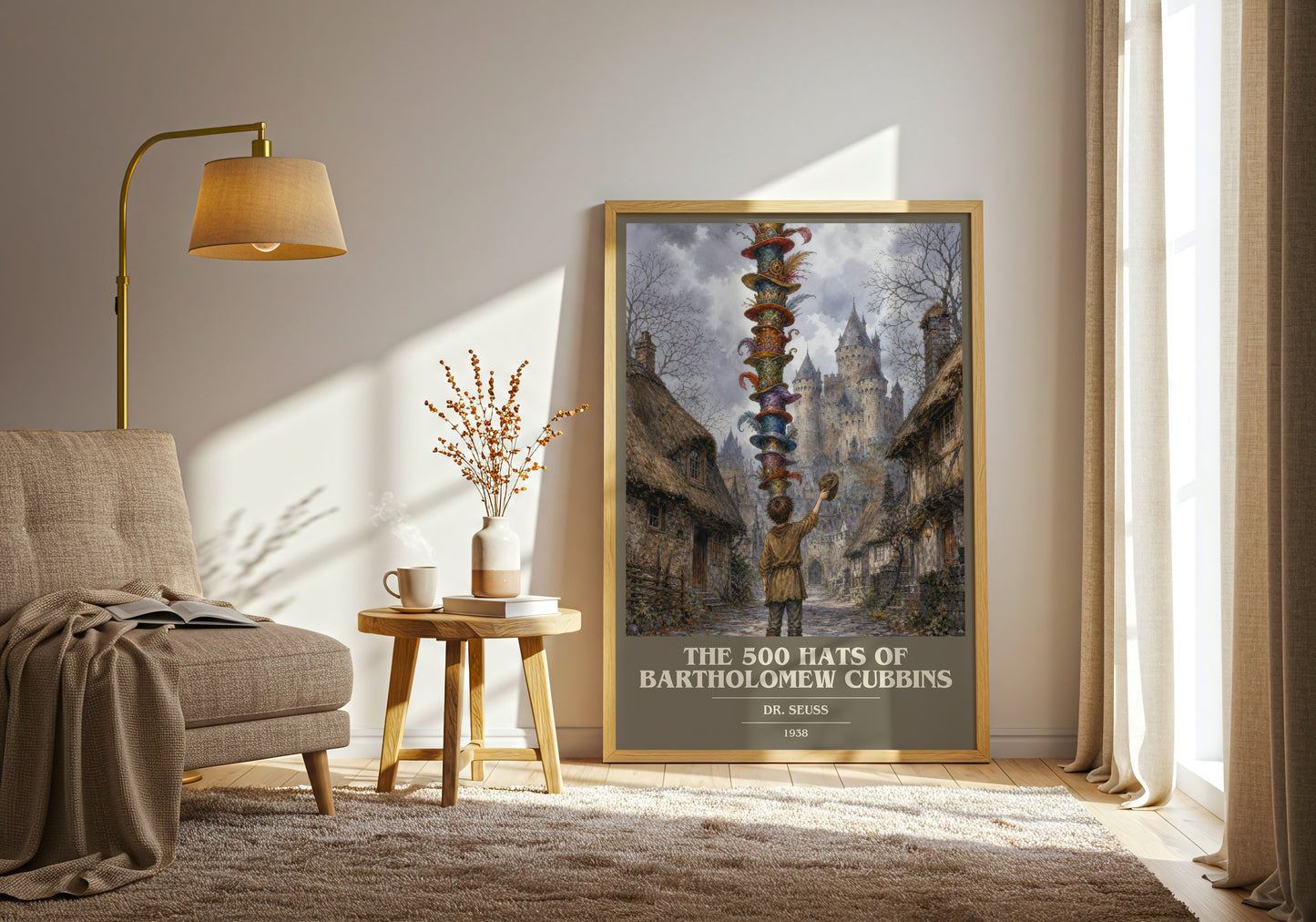 The 500 Hats Of Bartholomew Cubbins book cover print on bookshelf – Dr. Seuss fan gift