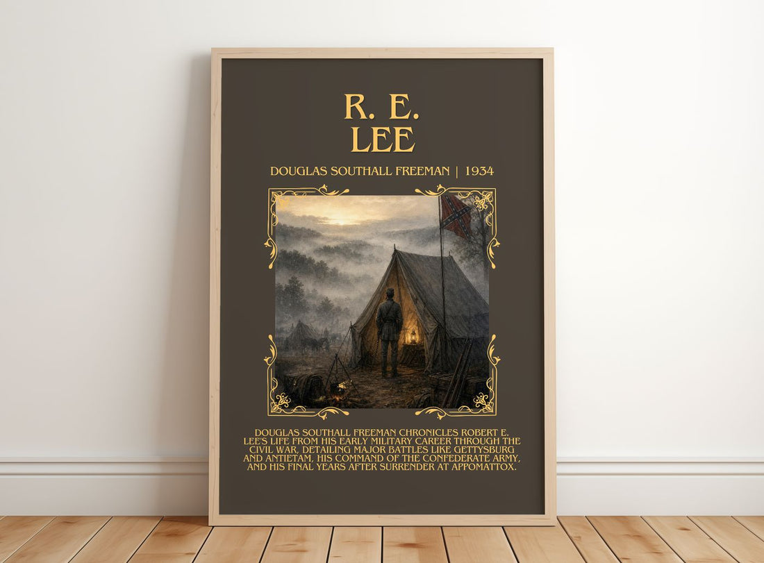 R. E. Lee Minimalist Book Poster by Douglas Southall Freeman – framed print leaning on a wooden floor