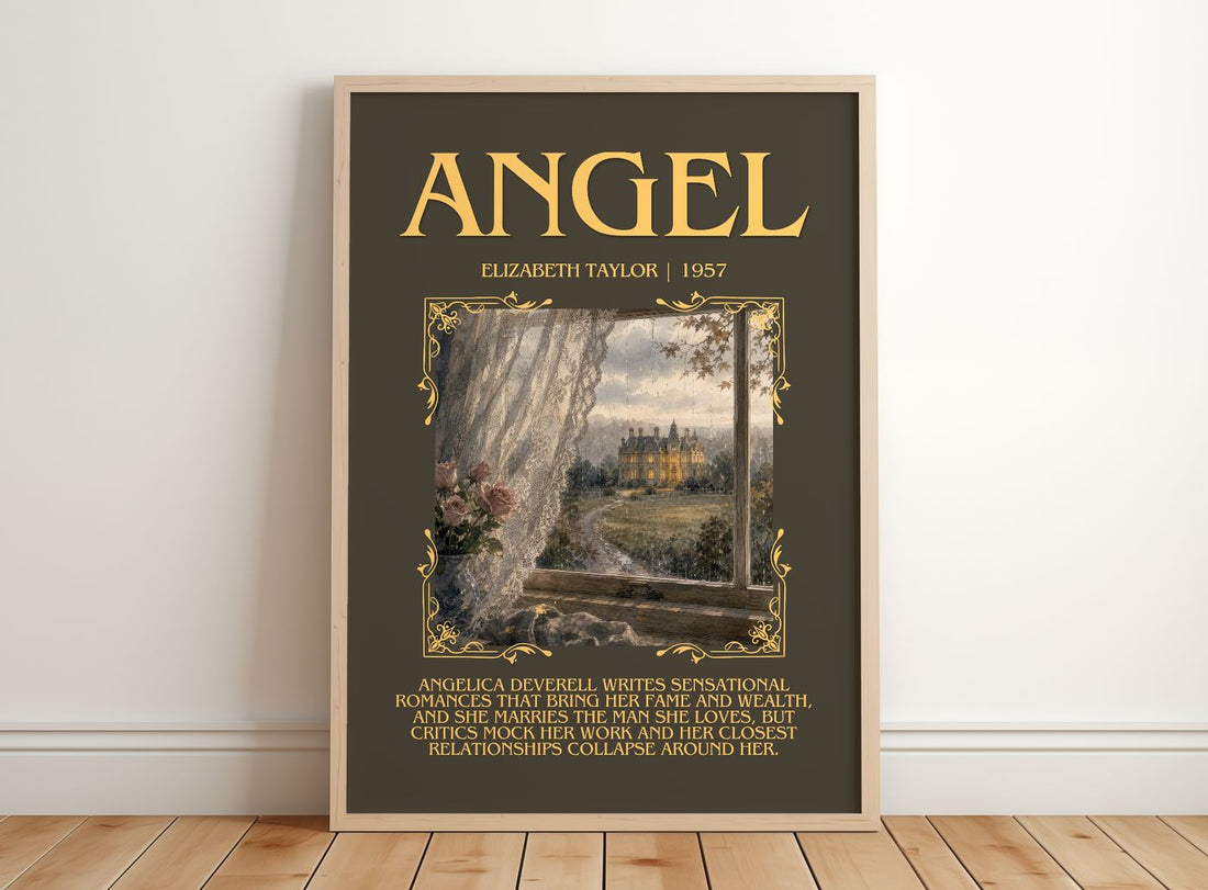 Angel Minimalist Book Poster by Elizabeth Taylor – framed print leaning on a wooden floor