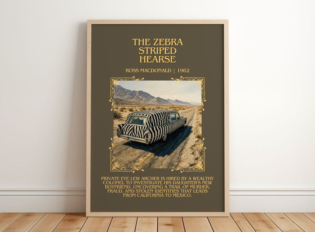 The Zebra Striped Hearse Minimalist Book Poster by Ross Macdonald – framed print leaning on a wooden floor