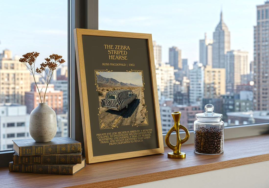 The Zebra Striped Hearse Minimalist Book Poster by Ross Macdonald – framed print on a city-view windowsill