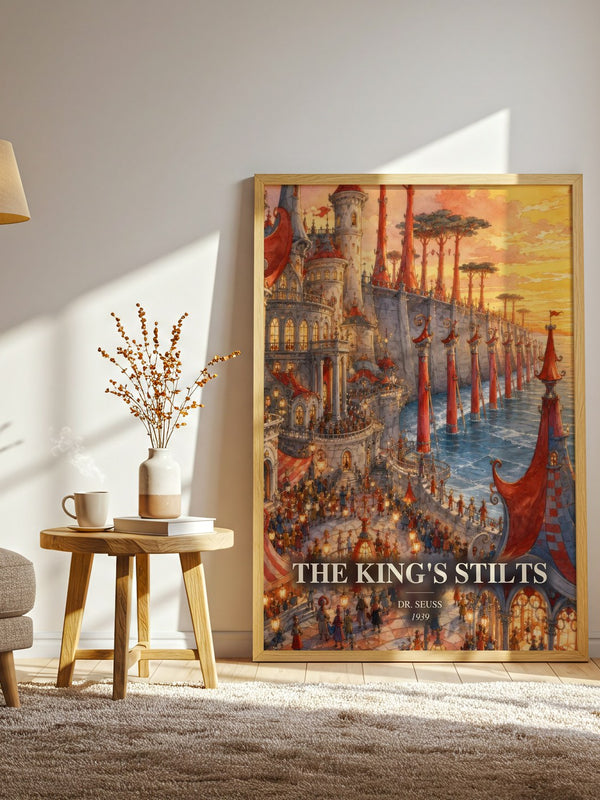 The King'S Stilts watercolour print in frame leaning in hallway – childrens wall art