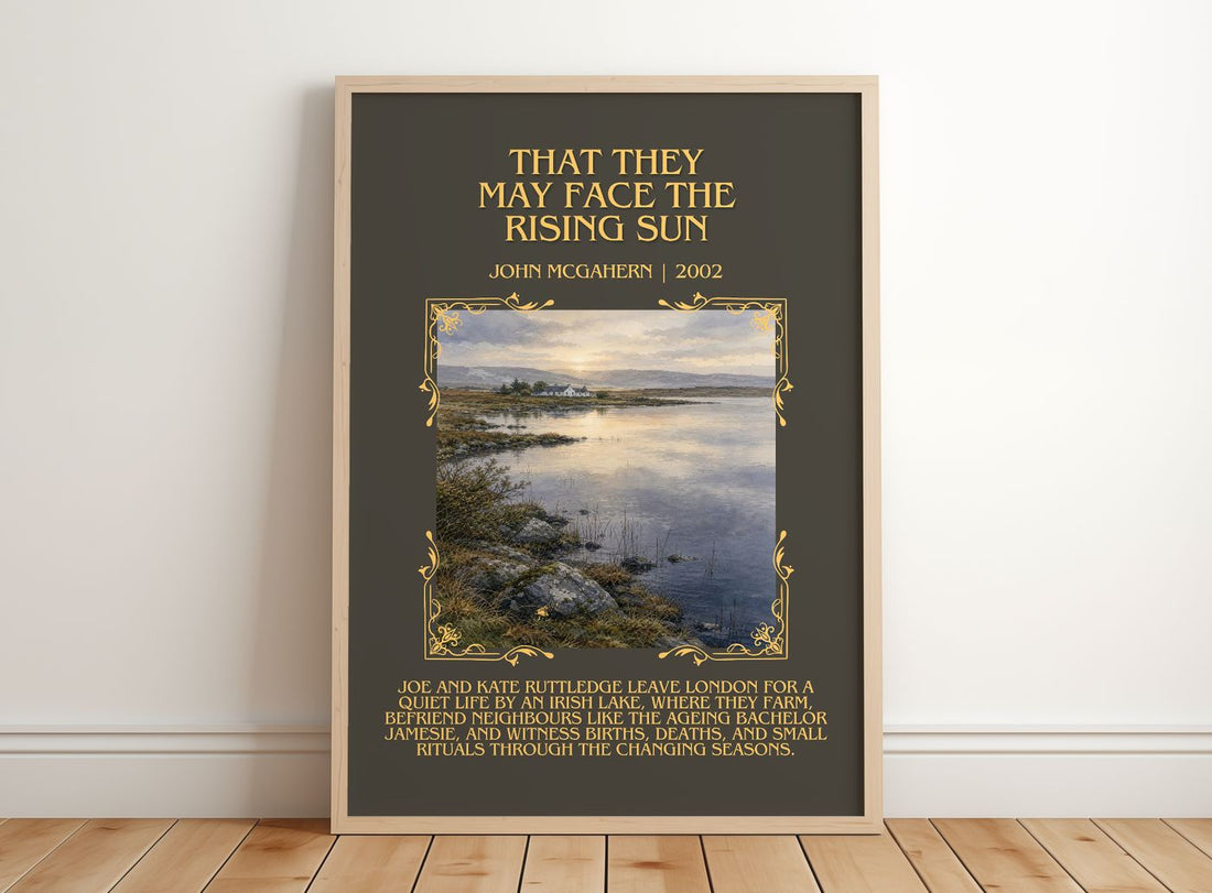 That They May Face the Rising Sun Minimalist Book Poster by John McGahern – framed print leaning on a wooden floor