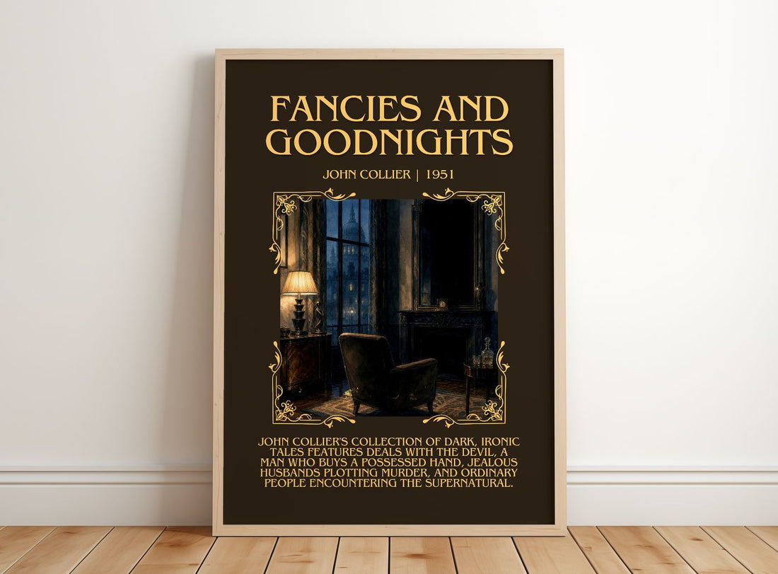 Fancies And Goodnights Minimalist Book Poster by John Collier – framed print leaning on a wooden floor