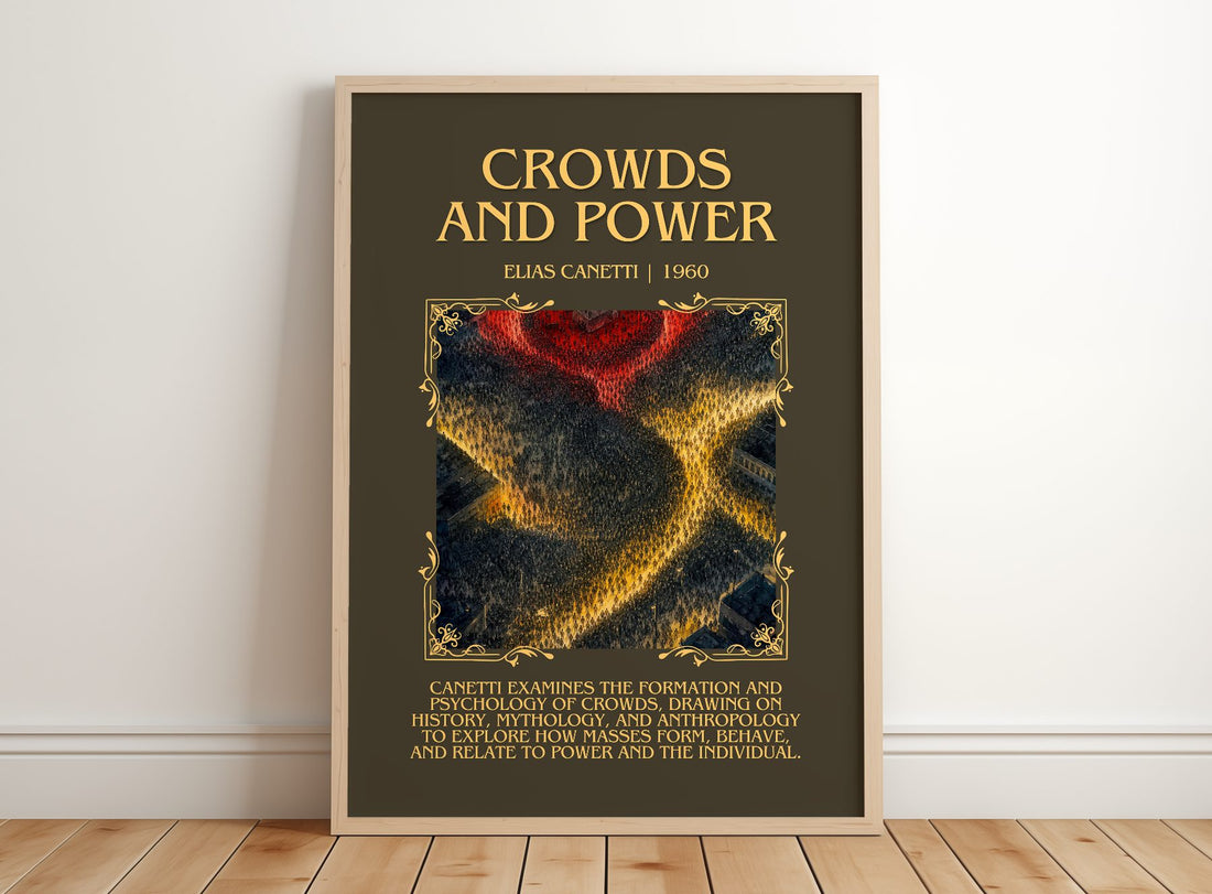 Crowds And Power Minimalist Book Poster by Elias Canetti – framed print leaning on a wooden floor