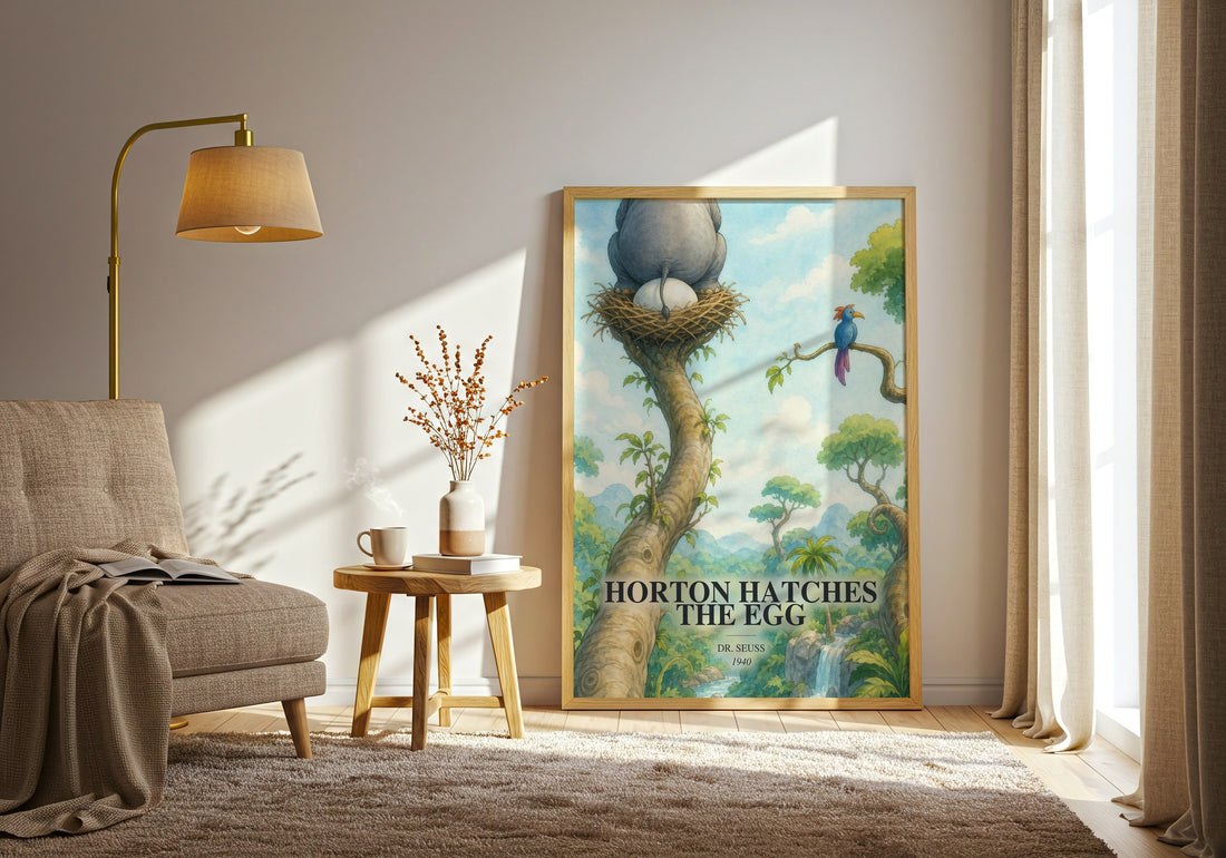Horton Hatches The Egg watercolour print in frame leaning in hallway – childrens wall art (mockup)
