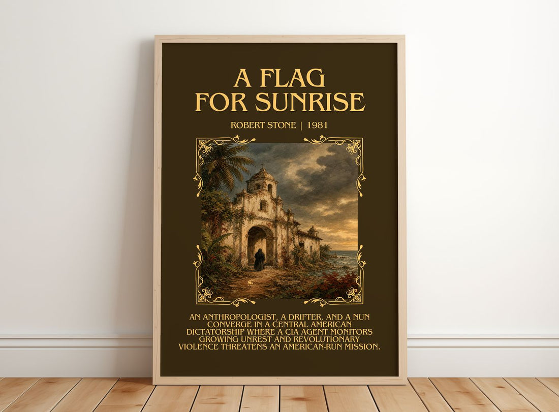 A Flag For Sunrise Minimalist Book Poster by Robert Stone – framed print leaning on a wooden floor
