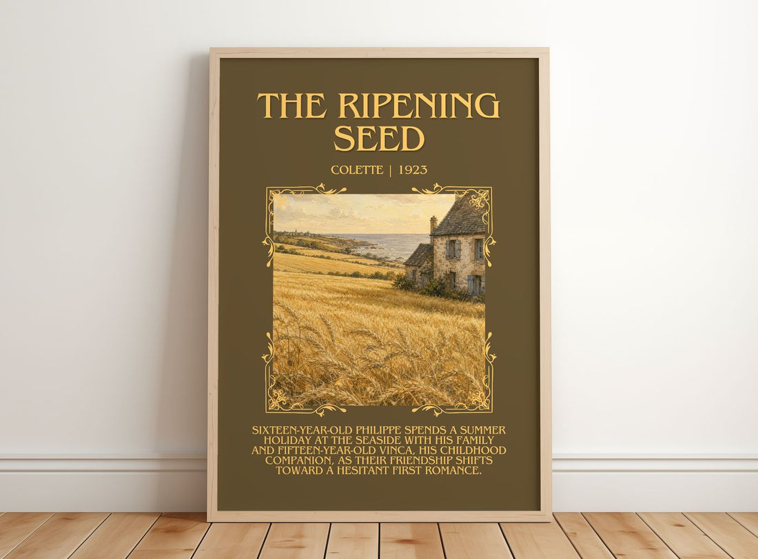 The Ripening Seed Minimalist Book Poster by Colette – framed print leaning on a wooden floor