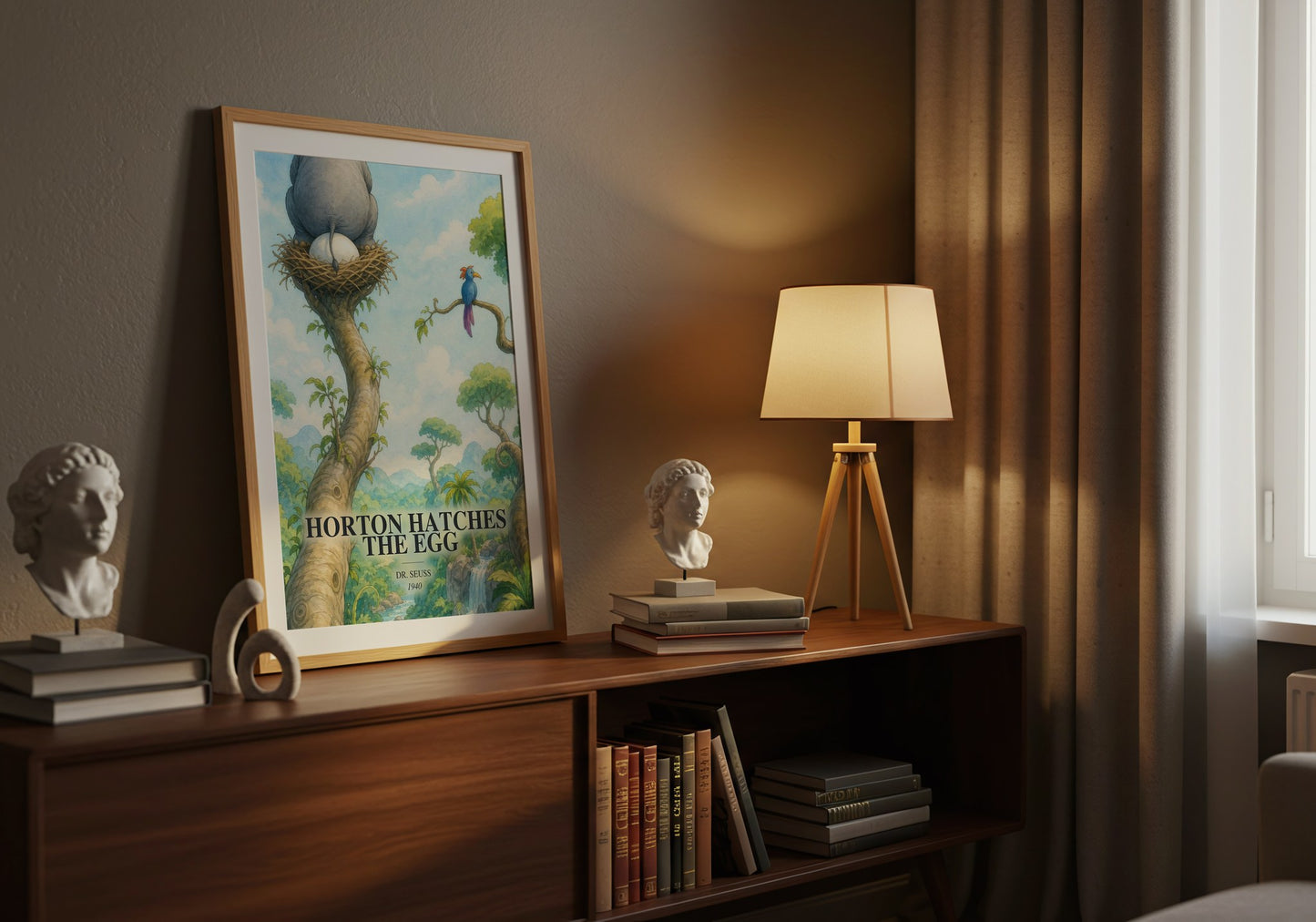 Horton Hatches The Egg watercolour print on bookshelf – Dr. Seuss fan gift