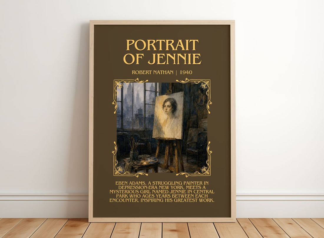 Portrait Of Jennie Minimalist Book Poster by Robert Nathan – framed print leaning on a wooden floor
