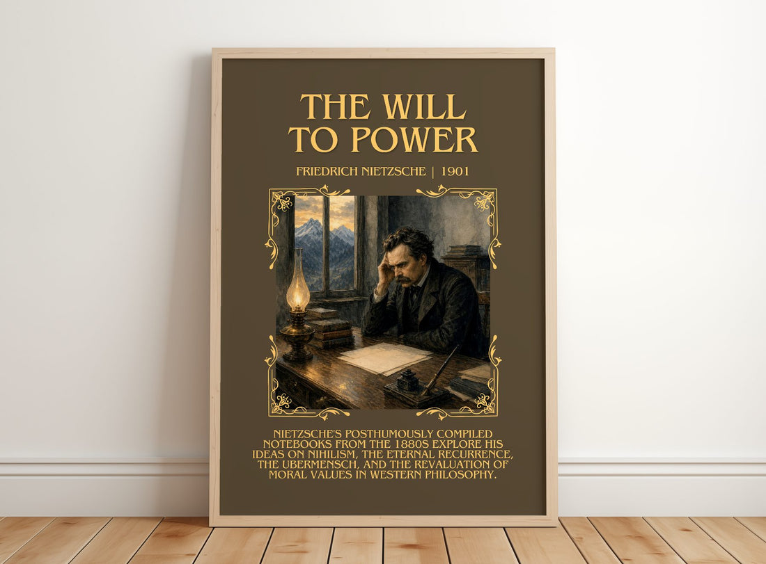 The Will To Power Minimalist Book Poster by Friedrich Nietzsche – framed print leaning on a wooden floor