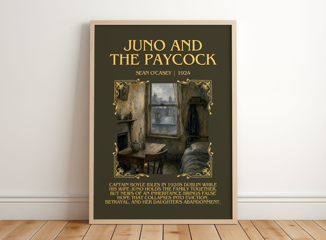 Juno And The Paycock Minimalist Book Poster by Sean O'Casey – framed print leaning on a wooden floor