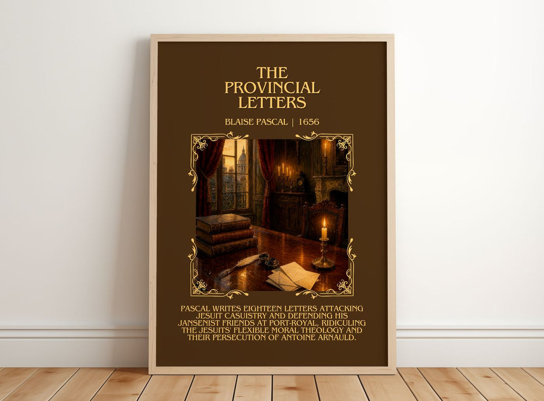 The Provincial Letters Minimalist Book Poster by Blaise Pascal – framed print leaning on a wooden floor