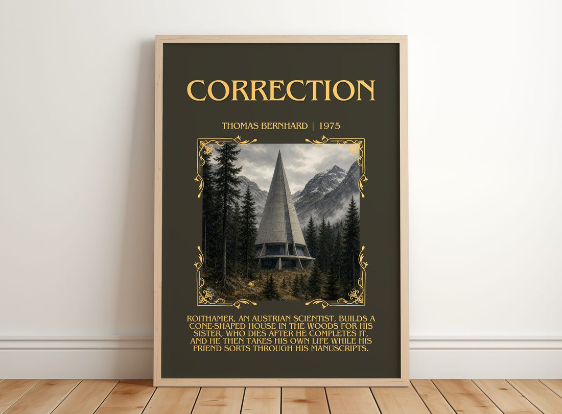 Correction Minimalist Book Poster by Thomas Bernhard – framed print leaning on a wooden floor