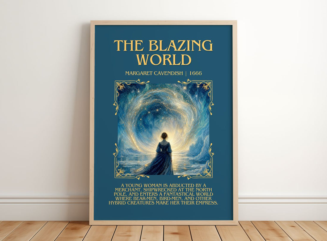 The Blazing World Minimalist Book Poster by Margaret Cavendish – framed print leaning on a wooden floor