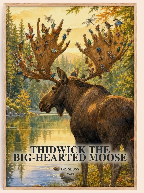 Thidwick The Big-Hearted Moose watercolour book poster by Dr. Seuss – framed literary art print