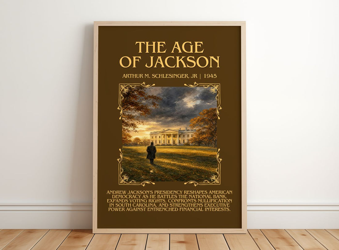 The Age of Jackson Minimalist Book Poster by Arthur M. Schlesinger, Jr – framed print leaning on a wooden floor