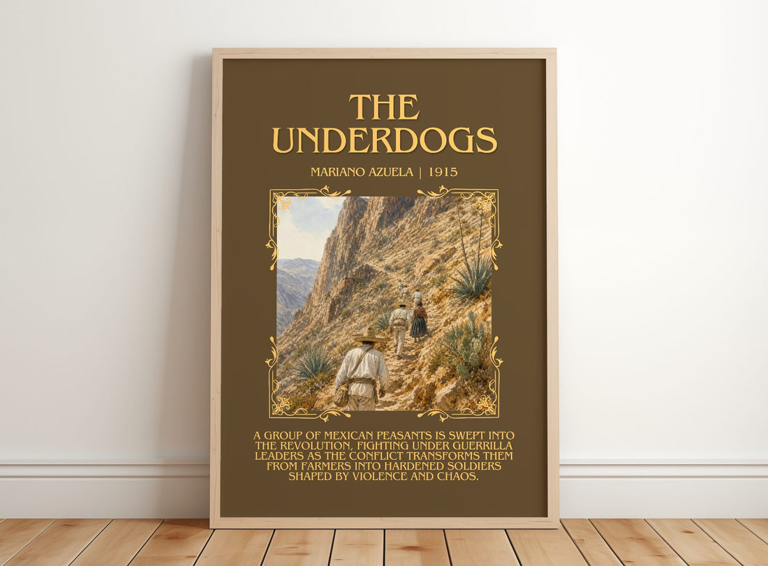 The Underdogs Minimalist Book Poster by Mariano Azuela – framed print leaning on a wooden floor