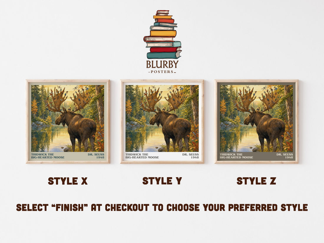 Thidwick The Big-Hearted Moose literary print in frame leaning in hallway – childrens wall art (mockup)