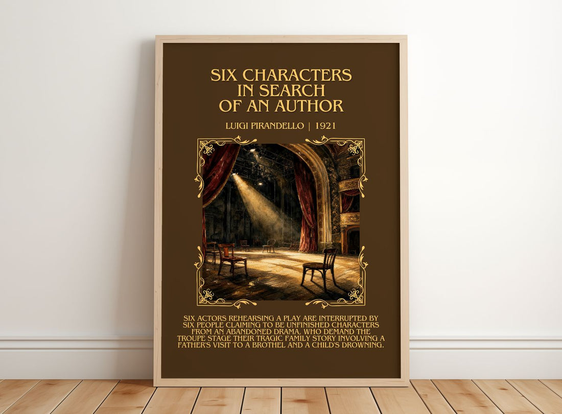 Six Characters in Search of an Author Minimalist Book Poster by Luigi Pirandello – framed print leaning on a wooden floor