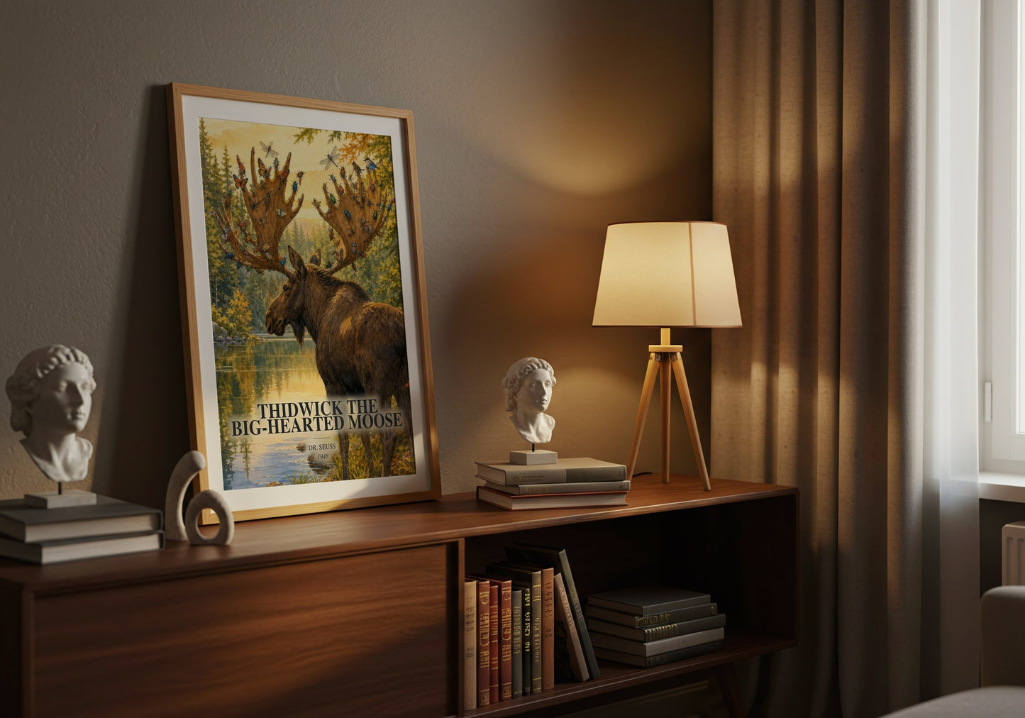Thidwick The Big-Hearted Moose watercolour print on bookshelf – Dr. Seuss fan gift