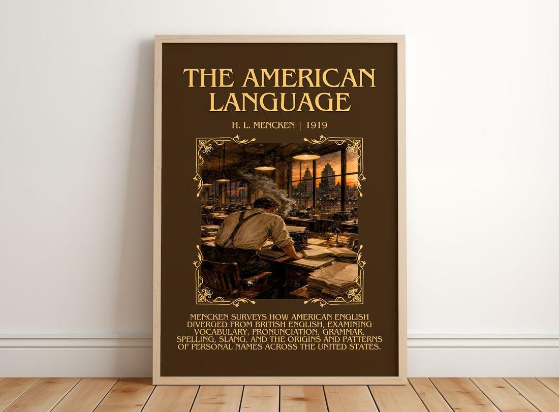 The American Language Minimalist Book Poster by H. L. Mencken – framed print leaning on a wooden floor