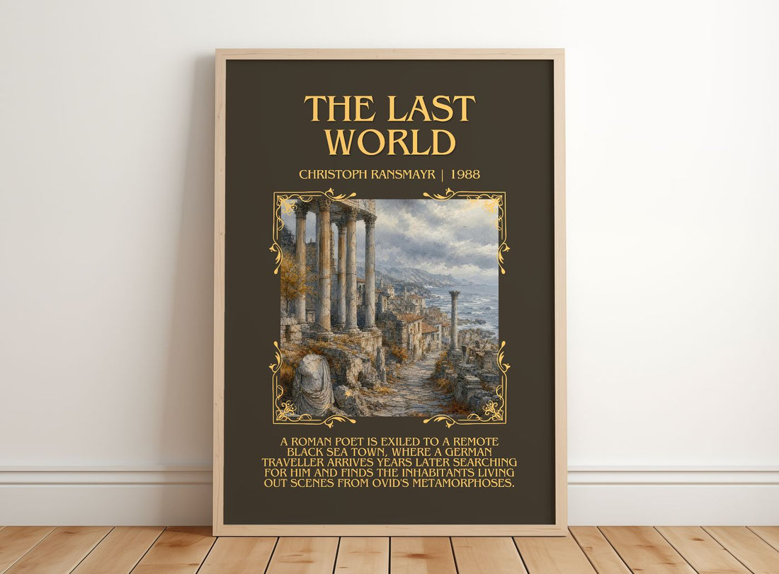 The Last World Minimalist Book Poster by Christoph Ransmayr – framed print leaning on a wooden floor