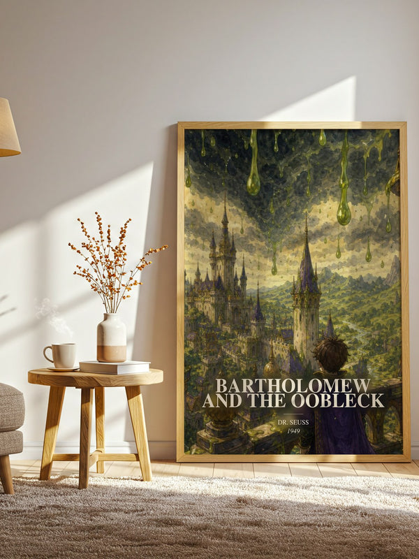 Bartholomew And The Oobleck watercolour print in frame leaning in hallway – childrens wall art