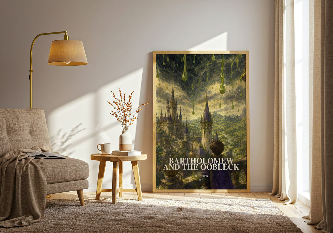 Bartholomew And The Oobleck watercolour print in frame leaning in hallway – childrens wall art (mockup)