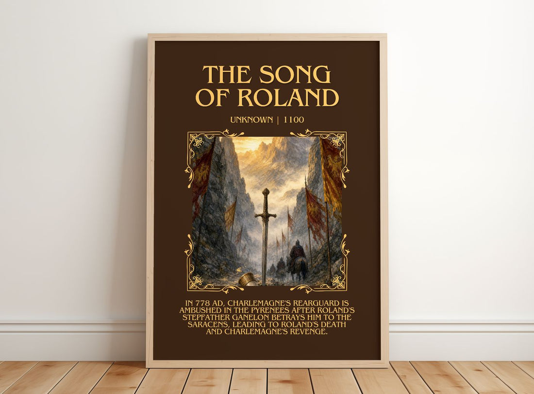 The Song of Roland Minimalist Book Poster by Unknown – framed print leaning on a wooden floor