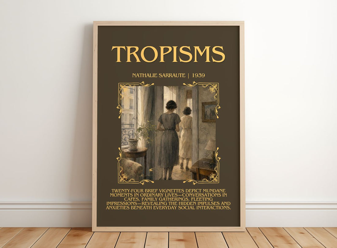 Tropisms Minimalist Book Poster by Nathalie Sarraute – framed print leaning on a wooden floor