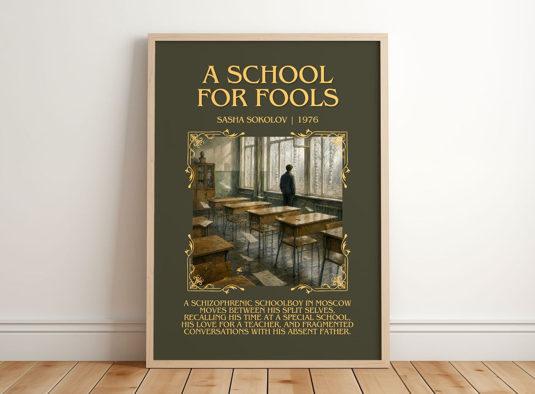 A School For Fools Minimalist Book Poster by Sasha Sokolov – framed print leaning on a wooden floor
