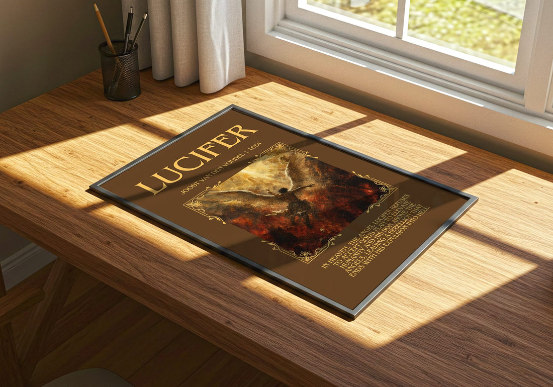Lucifer Minimalist Book Poster by Joost van den Vondel – print on a sunlit desk