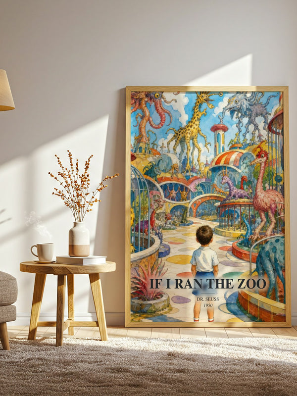 If I Ran The Zoo watercolour print in frame leaning in hallway – childrens wall art