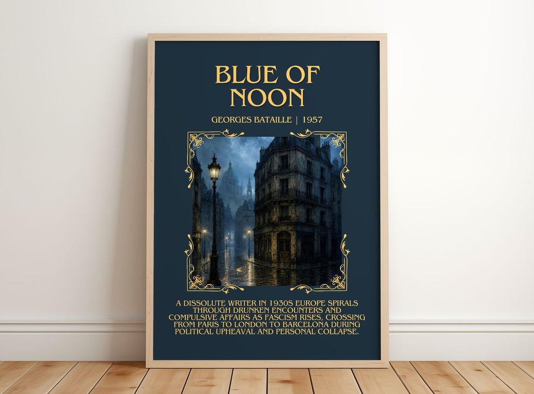 Blue of Noon Minimalist Book Poster by Georges Bataille – framed print leaning on a wooden floor