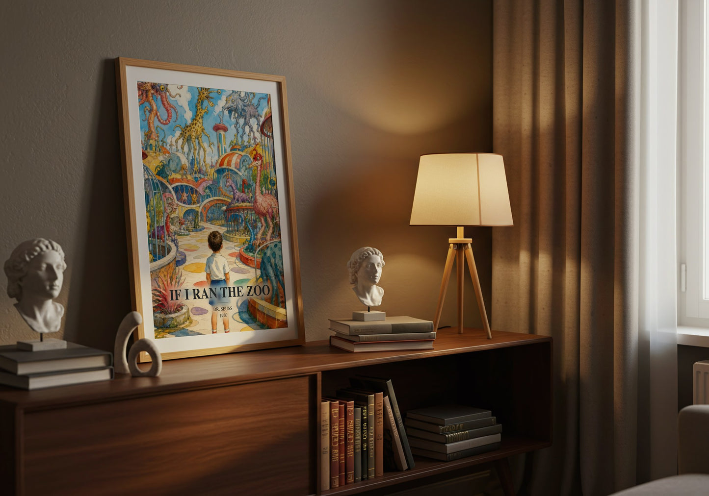 If I Ran The Zoo watercolour print on bookshelf – Dr. Seuss fan gift