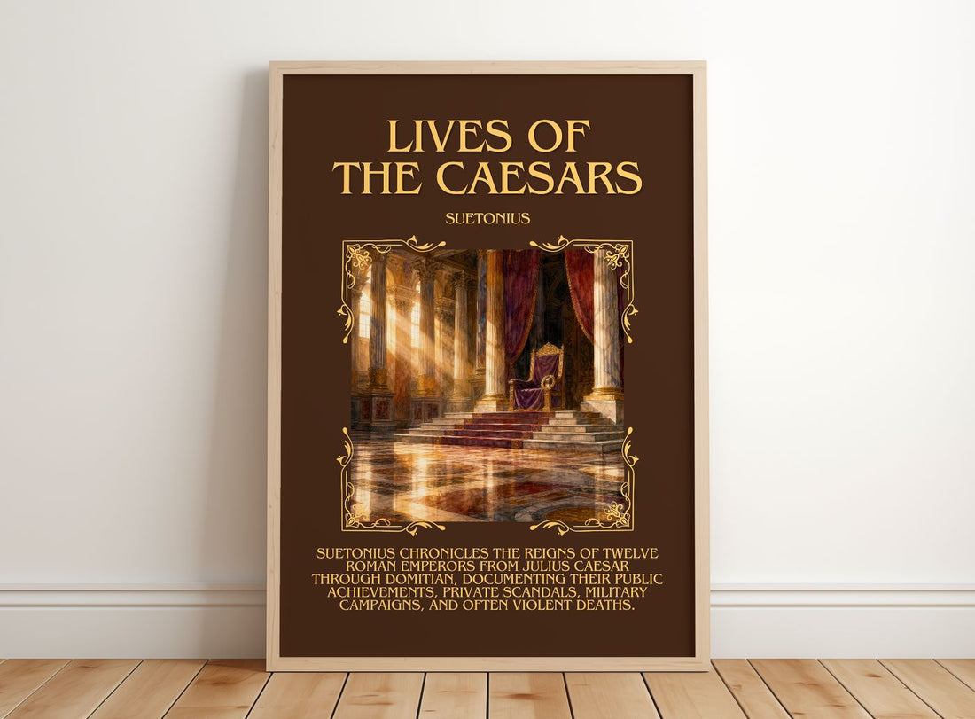 Lives of the Caesars Minimalist Book Poster by Suetonius – framed print leaning on a wooden floor
