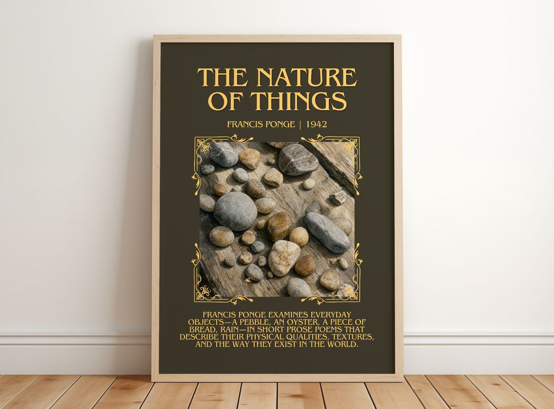 The Nature of Things Minimalist Book Poster by Francis Ponge – framed print leaning on a wooden floor