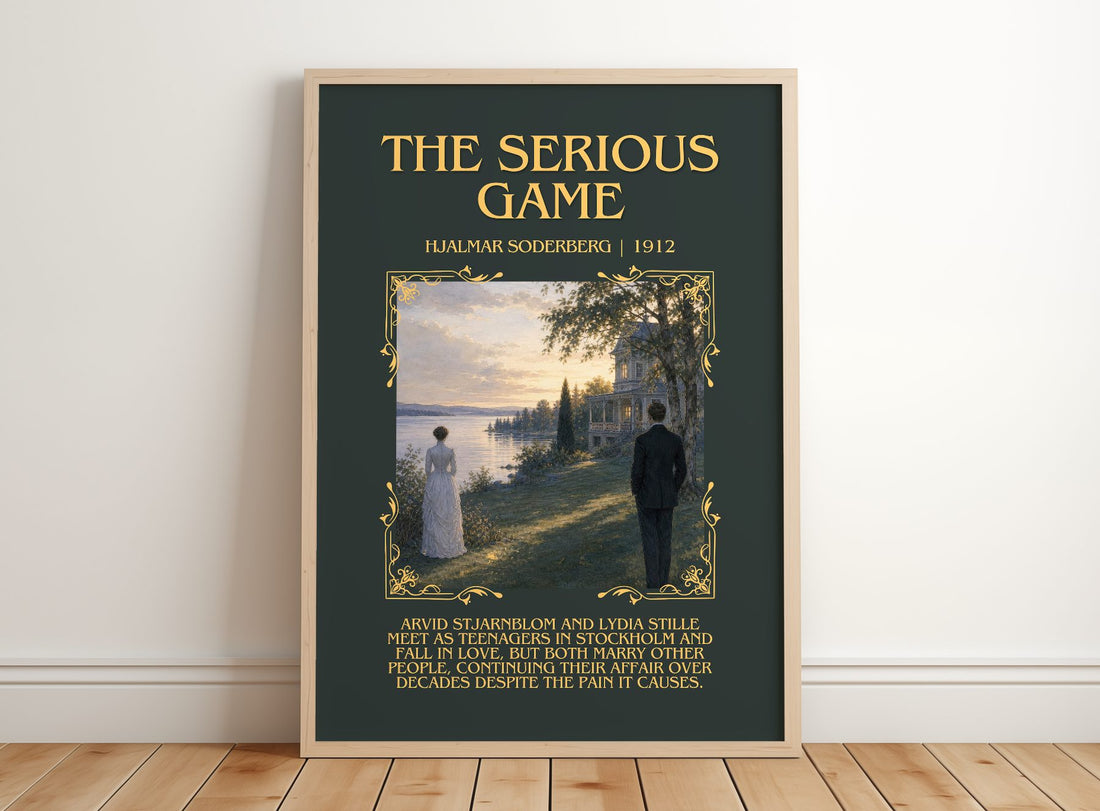 The Serious Game Minimalist Book Poster by Hjalmar Soderberg – framed print leaning on a wooden floor