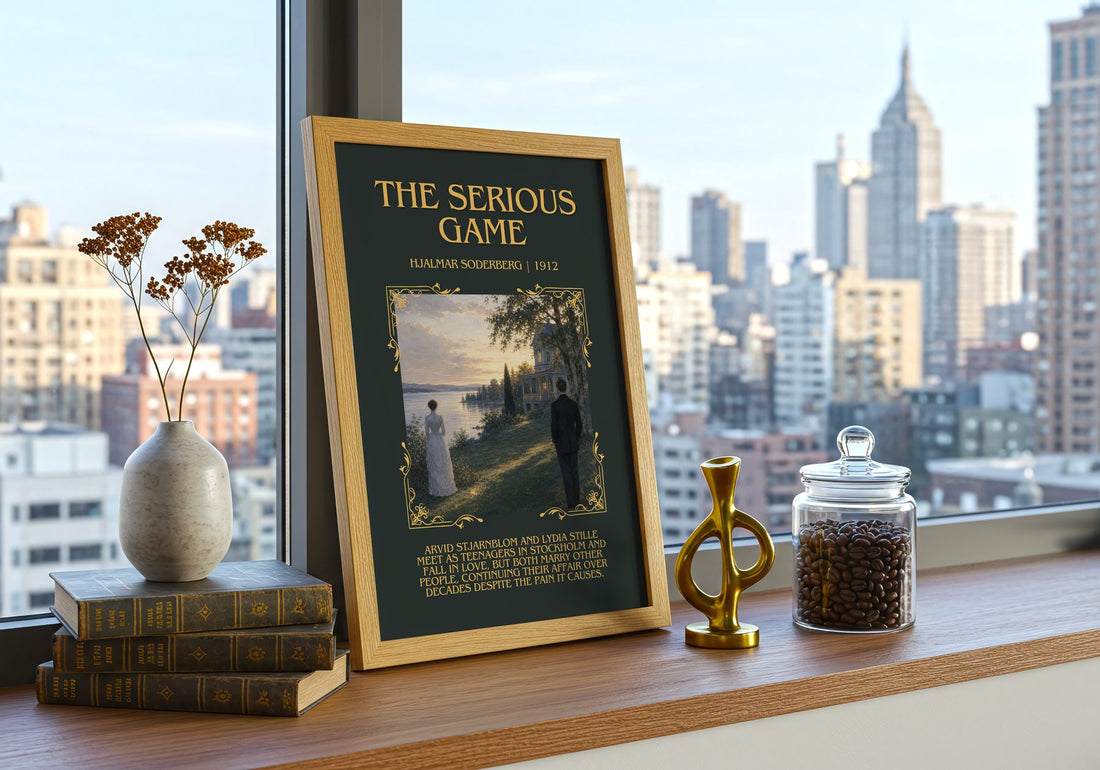 The Serious Game Minimalist Book Poster by Hjalmar Soderberg – framed print on a city-view windowsill