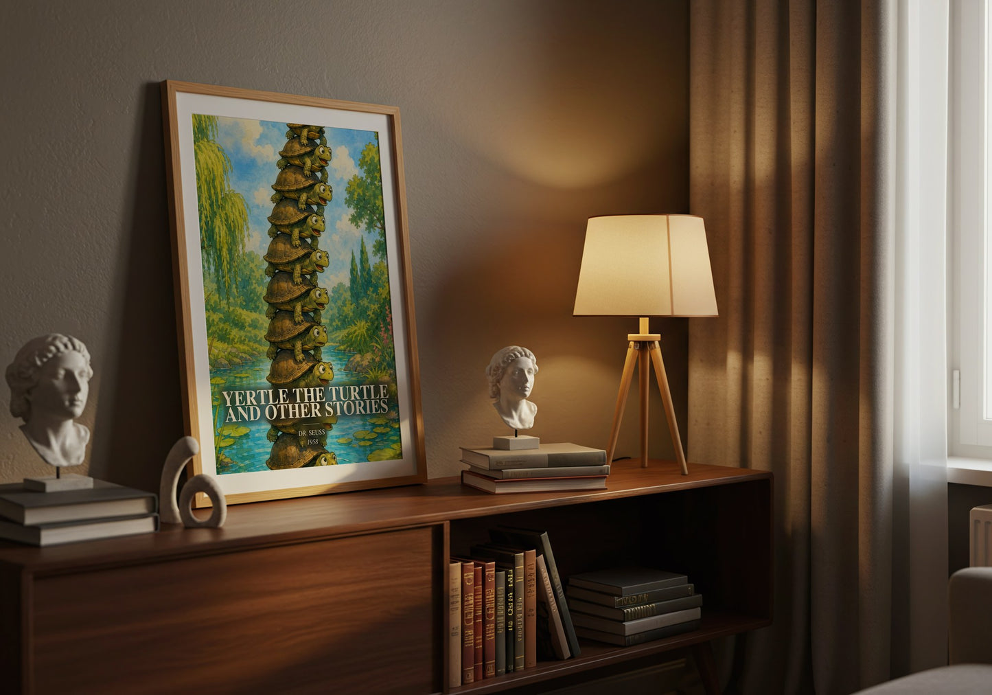 Yertle The Turtle And Other Stories watercolour print on bookshelf – Dr. Seuss fan gift