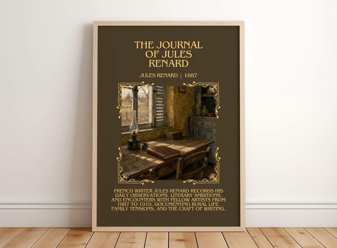 The Journal of Jules Renard Minimalist Book Poster by Jules Renard – framed print leaning on a wooden floor