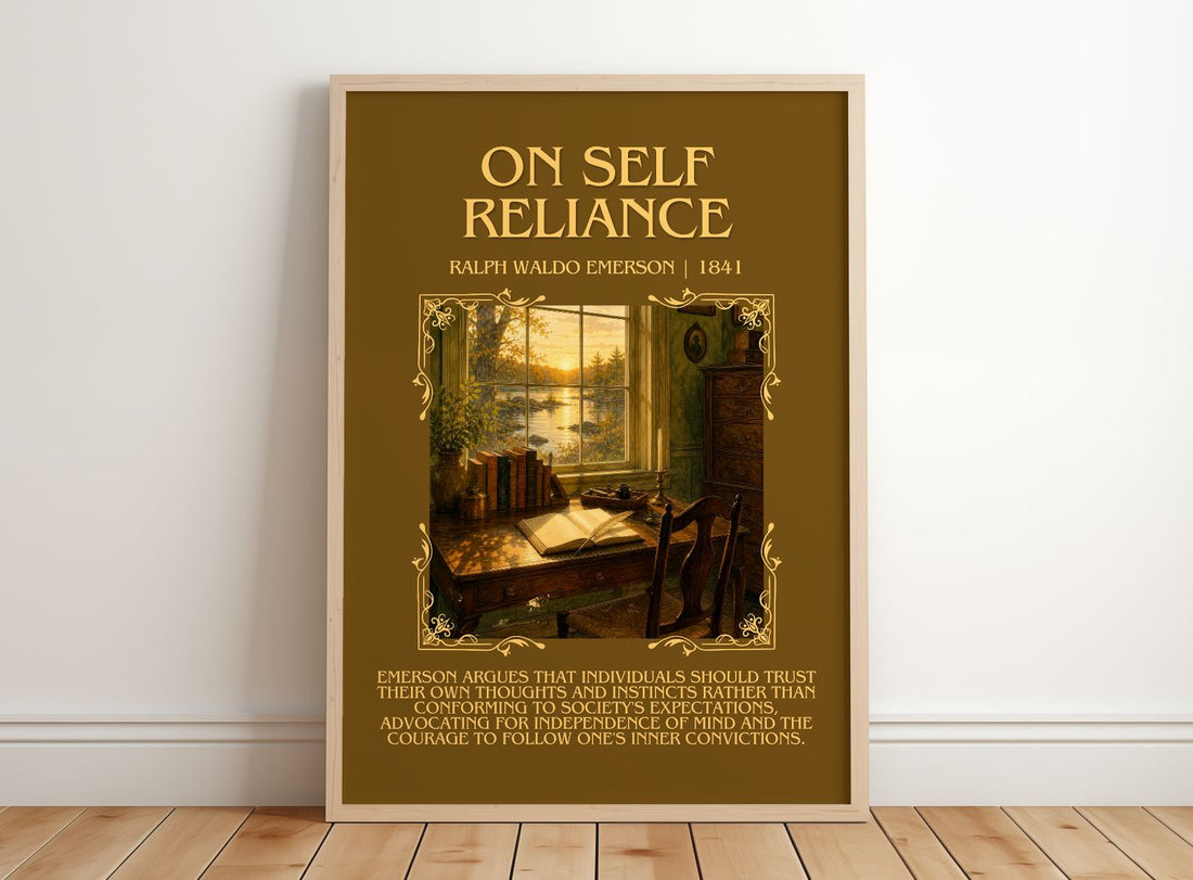 On Self Reliance Minimalist Book Poster by Ralph Waldo Emerson – framed print leaning on a wooden floor