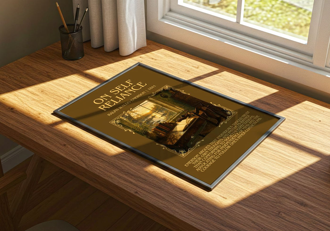 On Self Reliance Minimalist Book Poster by Ralph Waldo Emerson – print on a sunlit desk