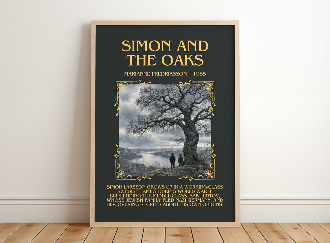 Simon and the Oaks Minimalist Book Poster by Marianne Fredriksson – framed print leaning on a wooden floor