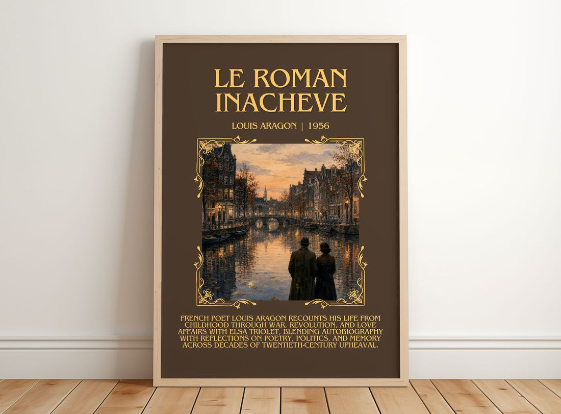 Le Roman Inachevé Minimalist Book Poster by Louis Aragon – framed print leaning on a wooden floor