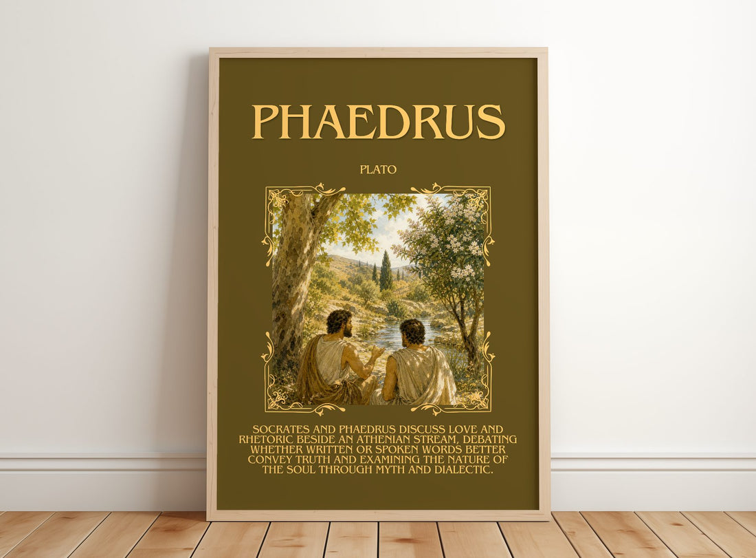 Phaedrus Minimalist Book Poster by Plato – framed print leaning on a wooden floor